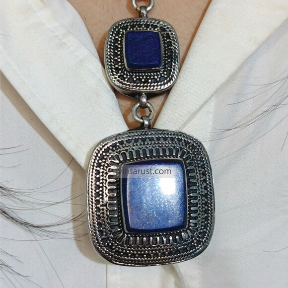 Beaded Chain Necklace with Triple Blue Square Pendants, Lapis Lazuli Stone - Picture 4 of 16